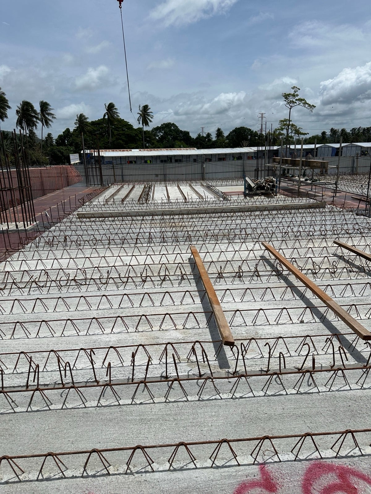 Reinforcement mesh laid out for a floor slab with palm trees in the background
