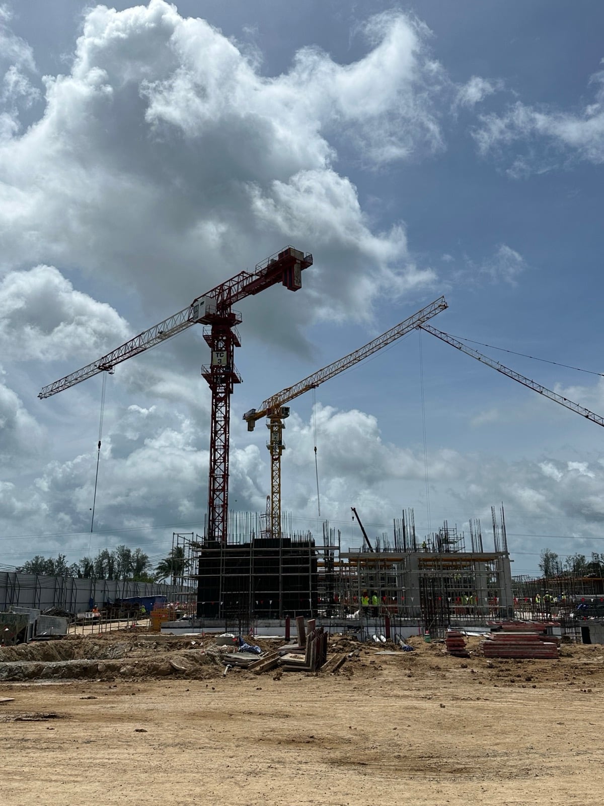 Two tower cranes standing above early structural column works
