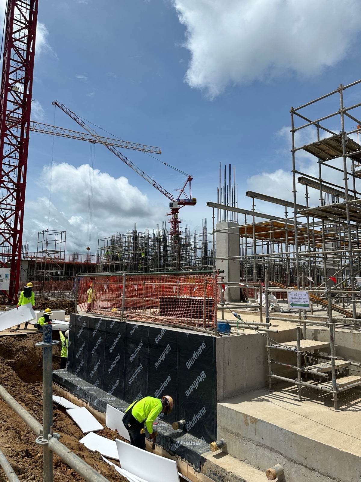 Waterproofing membrane applied near the future building entrance