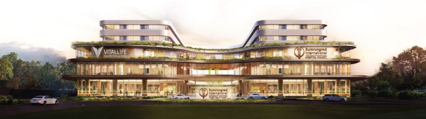 Architectural rendering of the Bumrungrad International Hospital Phuket building, showing the VitalLife Scientific Wellness Center and Advanced Diagnostic Center entrances side by side